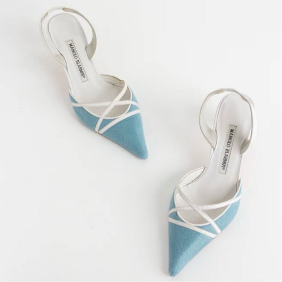 Manolo Blahnik Shoes - RARE Manolo Blahnik light blue pony hair leather lace-up slingback heels 37 US 7